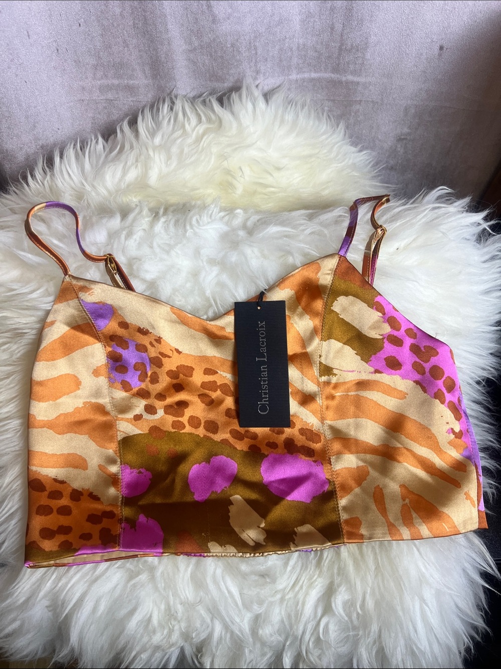 Christian Lacroix Multicolor Satin Bandeau Top — Pink, Brown & Gold Print